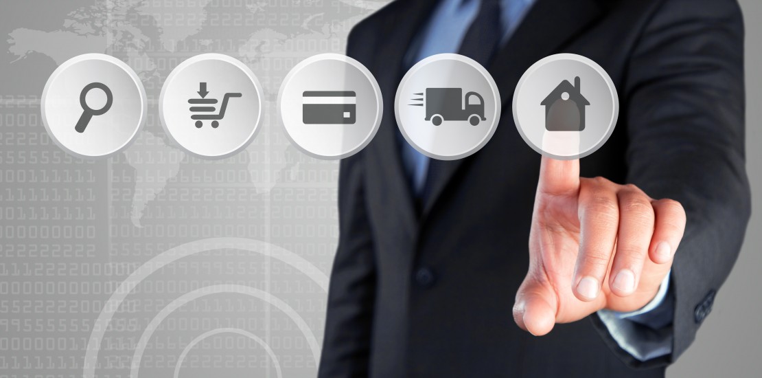 Mid section of a businessman hand touching home button of interface icons that represents of shopping process from searching product to home delivery of product.